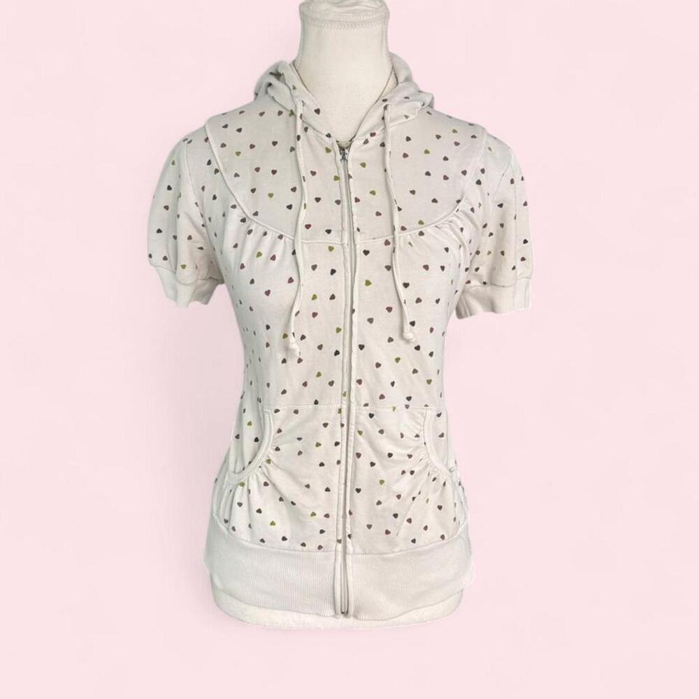 Y2K Vintage Forever 21 heart print zip up hoodie Short Sleeve Cotton Top Size L
